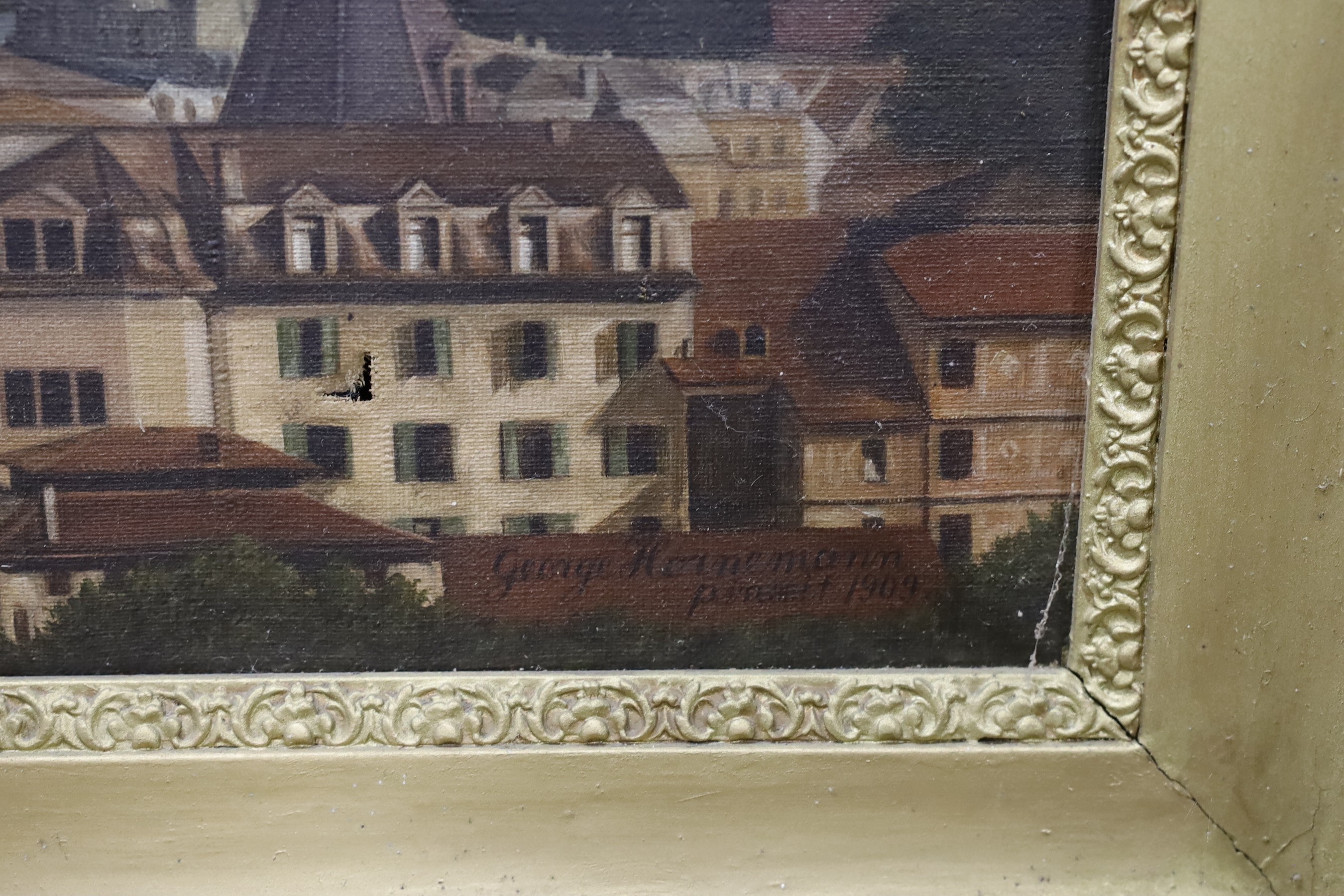 George Hornemann, oil on canvas, Alpine town with mountains beyond, signed and dated 1909, 75 x 95cm